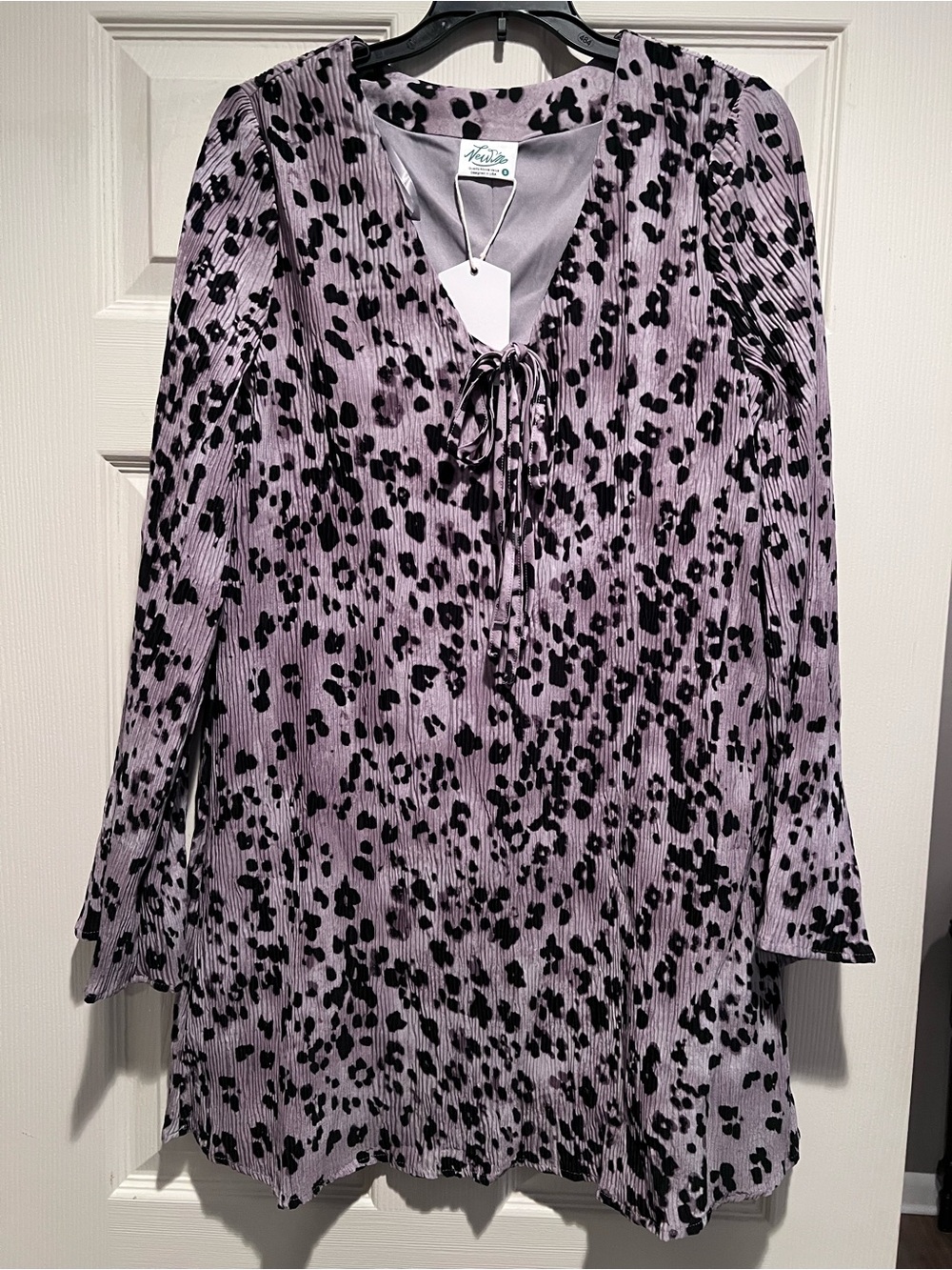Three Bird Nest Gray/Silver Long Sleeve Tunic Dress with Black Spot Print